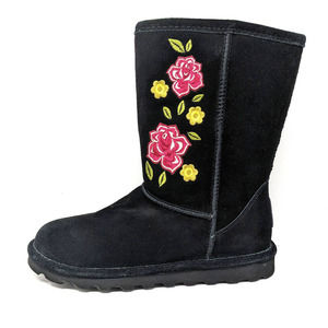 BearPaw Shoes Womens 7 Boots Dreamer Mid Calf Floral Embroidered Black Suede